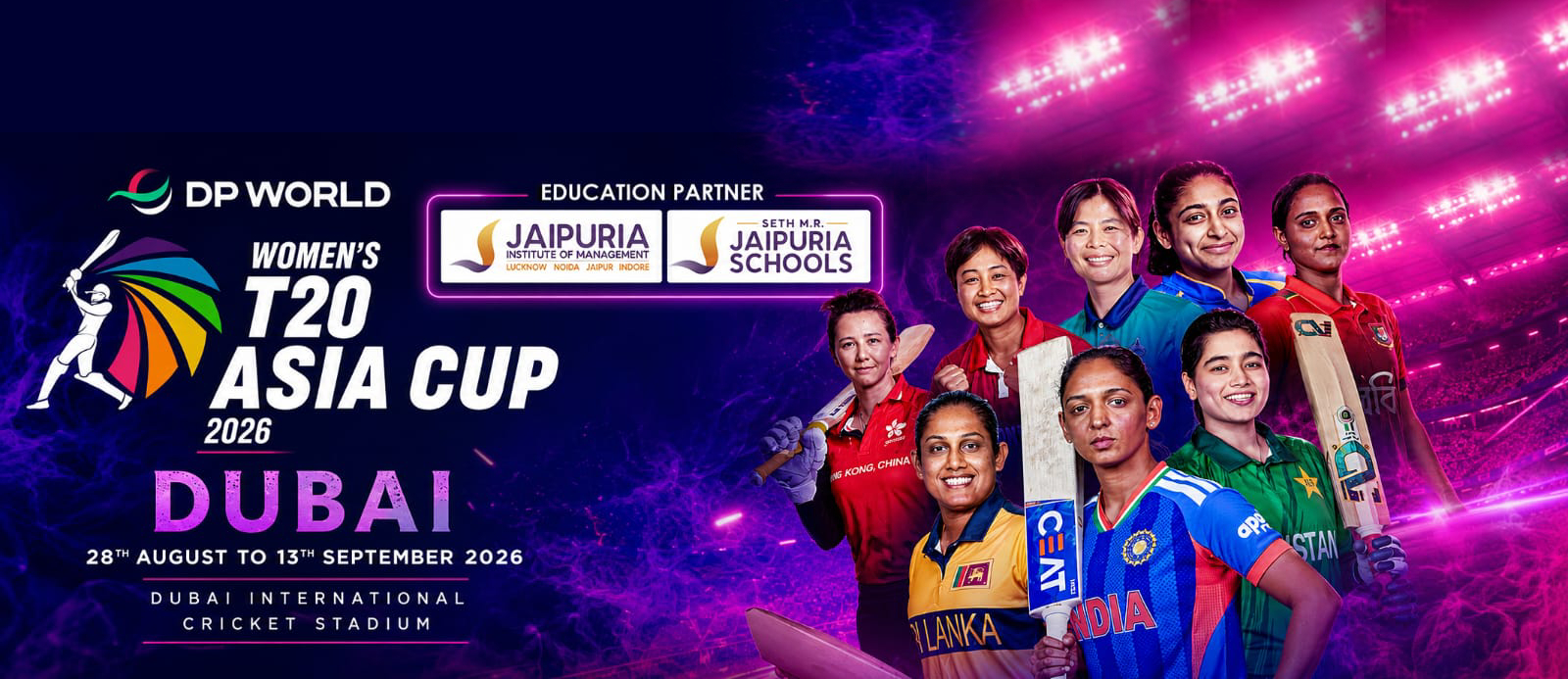 Promotional poster for the T20 Asia Cup 2026 in Dubai, featuring cricket players and logos, with dates 28th August–13th September 2026 at Dubai International Cricket Stadium.